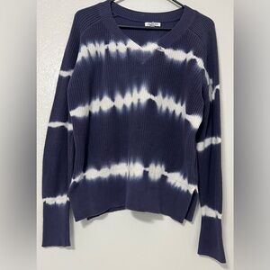 Johnny Was Navy Tie Dye Ribbed Knit V-Neck Cotton Sweater Boho Casual Preppy